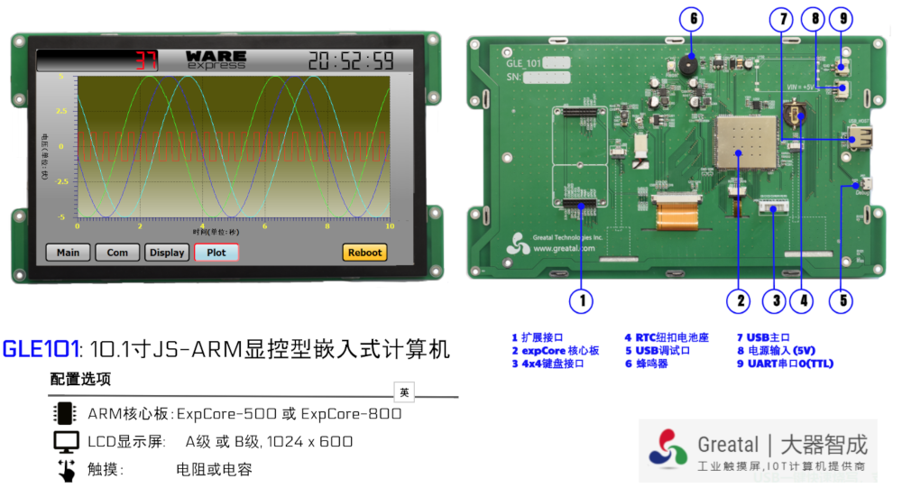 10.1寸JS-ARM显控型GLE101: 0基础，JavaScript开发ARM，轻松替代工业串口屏